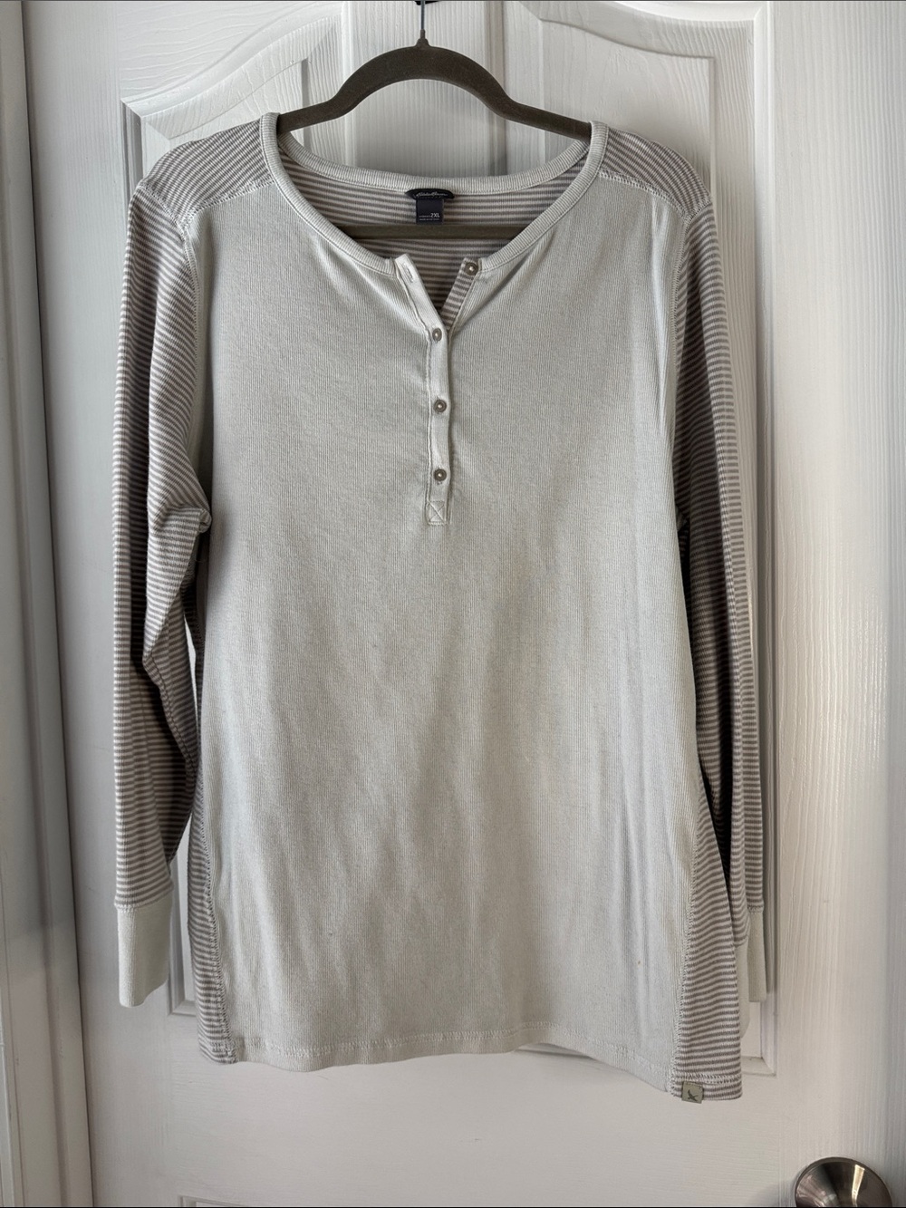 Coastal Henley Long-Sleeve Top - Taupe Striped Sleeves